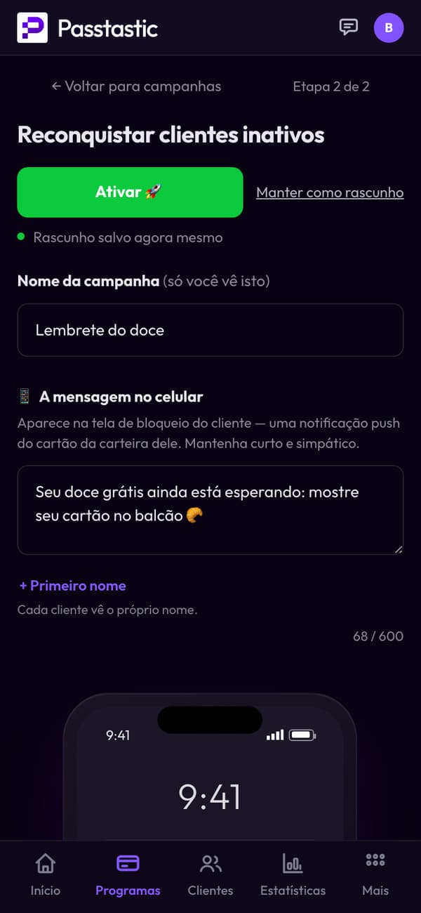 A campanha Lembrete do doce, com prévia da tela bloqueada