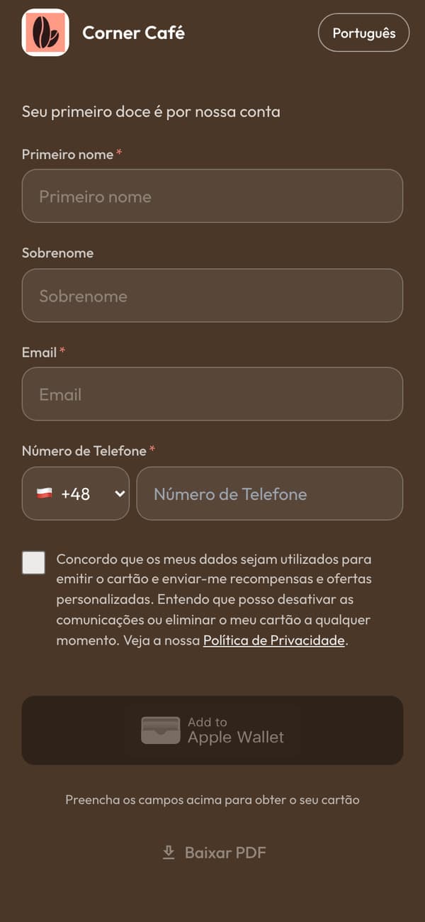 A página de cadastro em um celular: “Seu primeiro doce é por nossa conta”, com o botão Adicionar à Apple Wallet