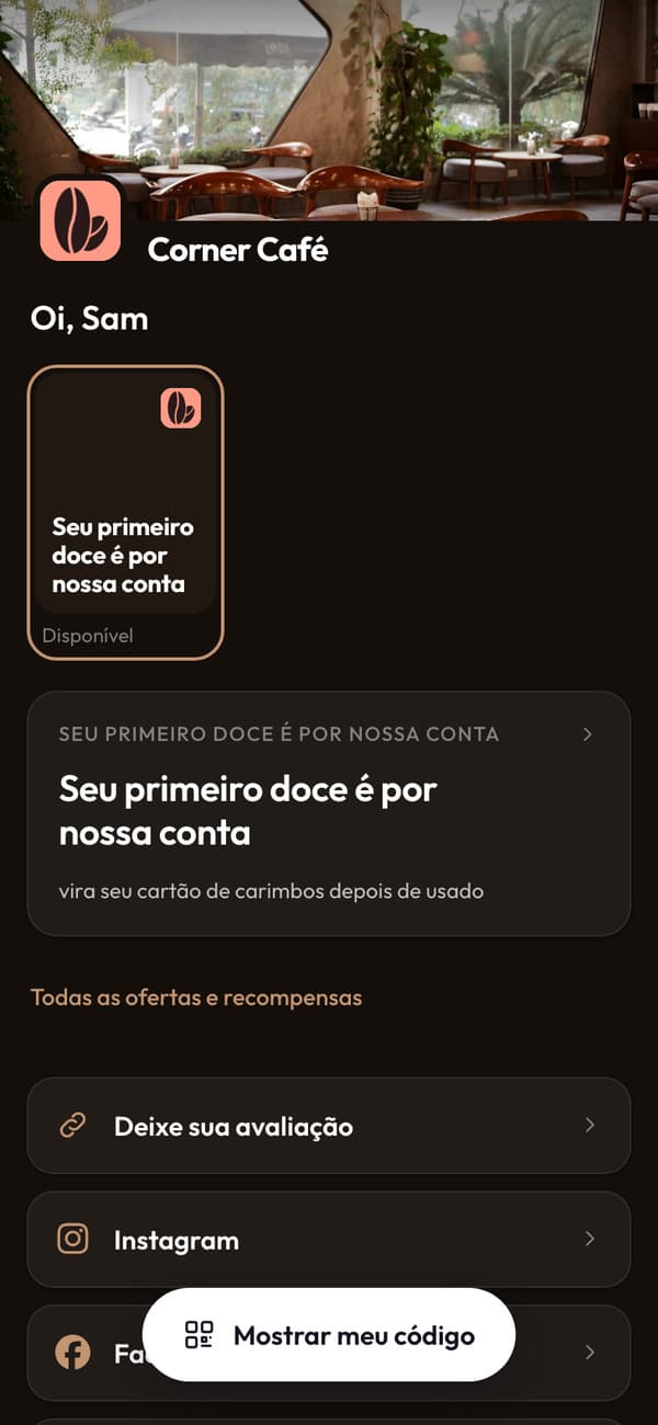 O cupom do doce no painel, com prévia ao vivo do cartão de carimbos em que ele se transforma