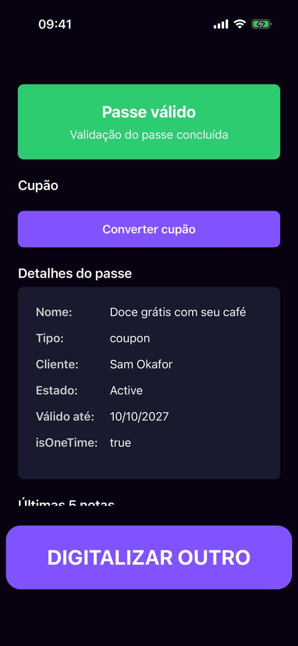 O aplicativo leitor depois de ler o cupom do Sam, com o botão Resgatar