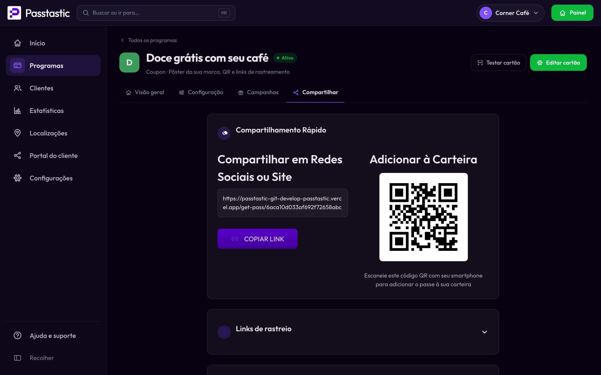 A aba Compartilhar do cupom do doce com o QR code