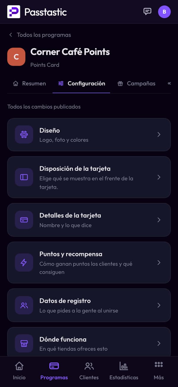 El programa de puntos de Corner Café en el panel, con vista previa en vivo de la tarjeta