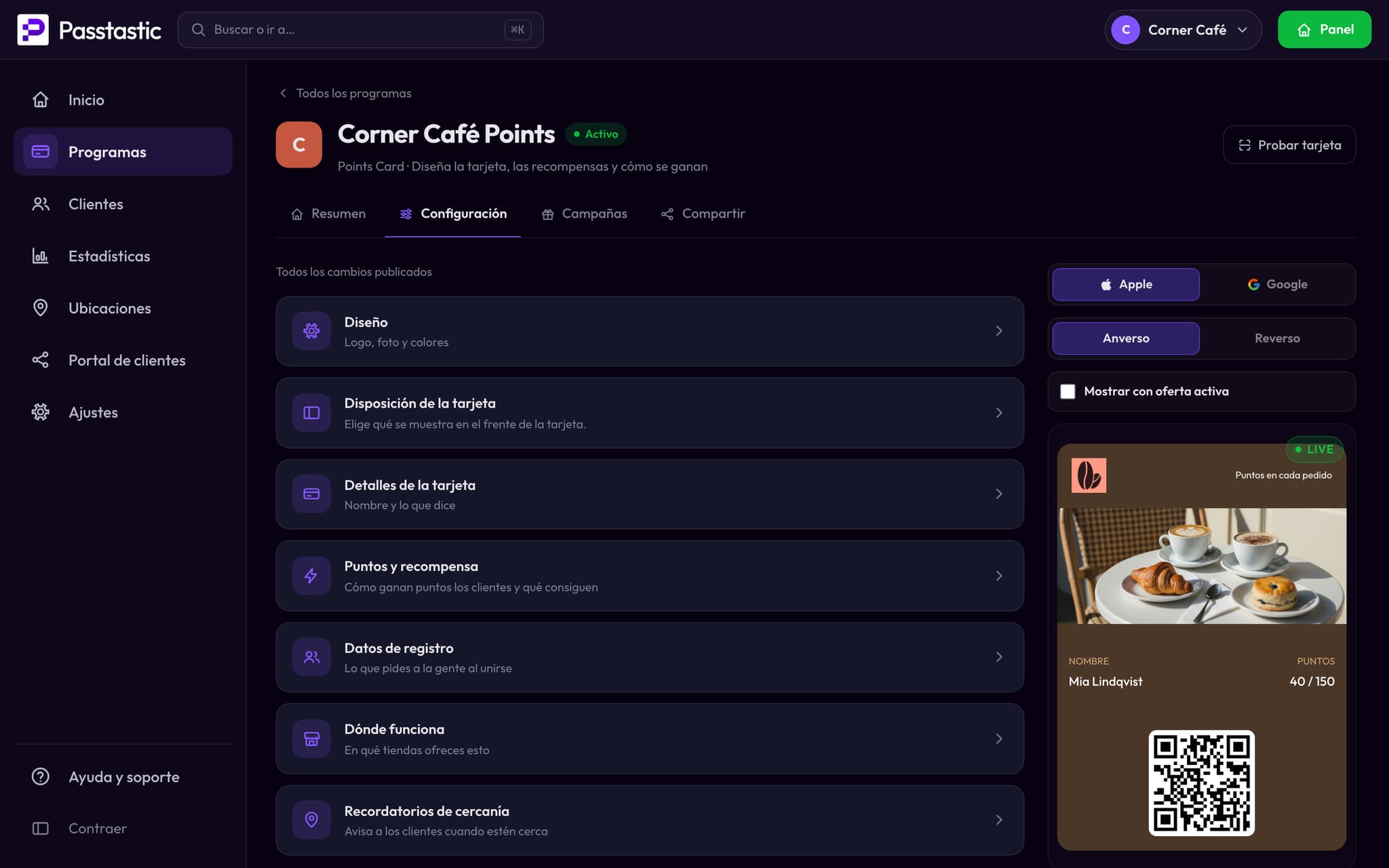 El programa de puntos de Corner Café en el panel, con vista previa en vivo de la tarjeta
