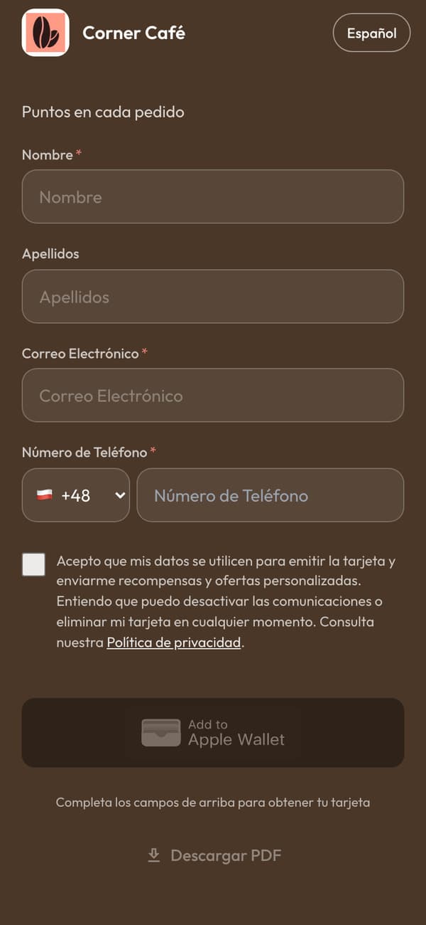 La página de alta en un móvil: el formulario de la tarjeta de puntos de Corner Café, con el botón Añadir a Apple Wallet