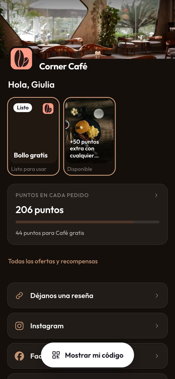 La app de Corner Café: Hola, Giulia, 206 puntos y 44 puntos para un café gratis