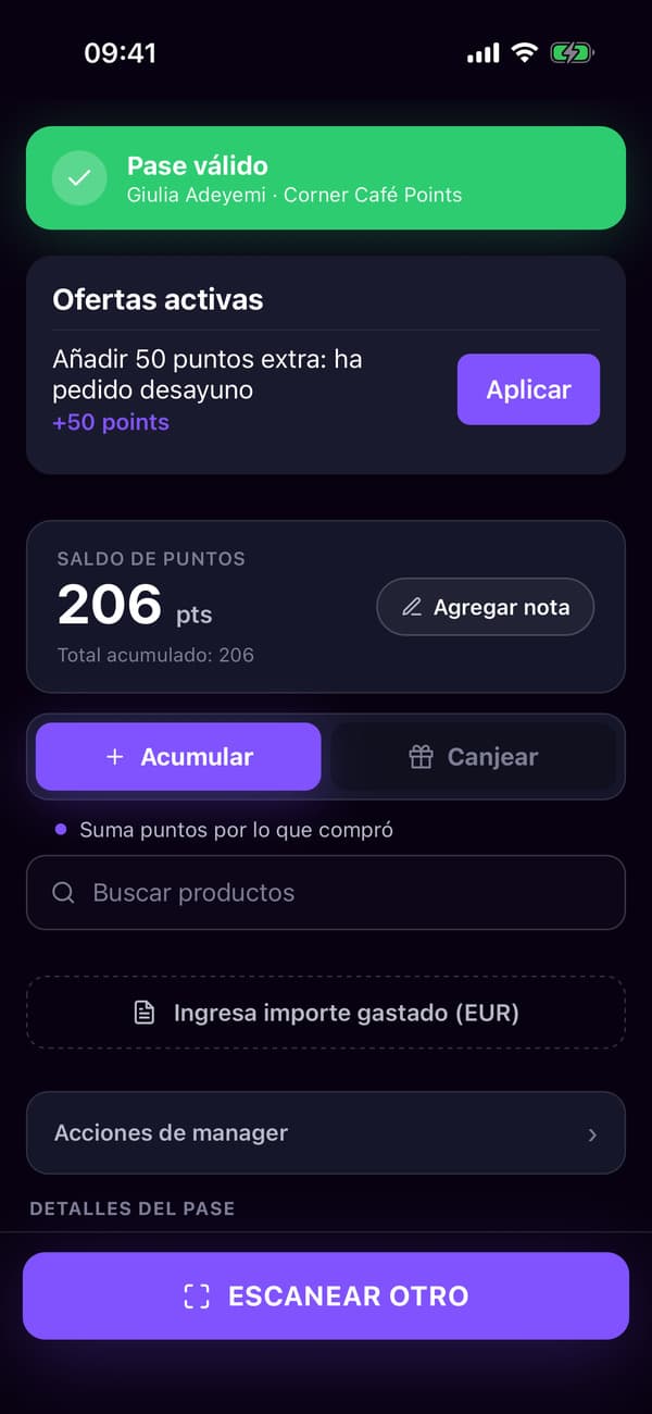 La app de escáner tras escanear la tarjeta de puntos de Giulia, lista para el importe