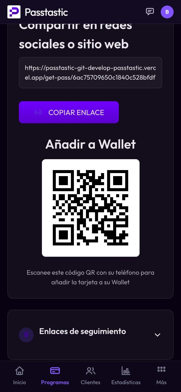 La pestaña Compartir de la tarjeta de puntos de Corner Café con su código QR