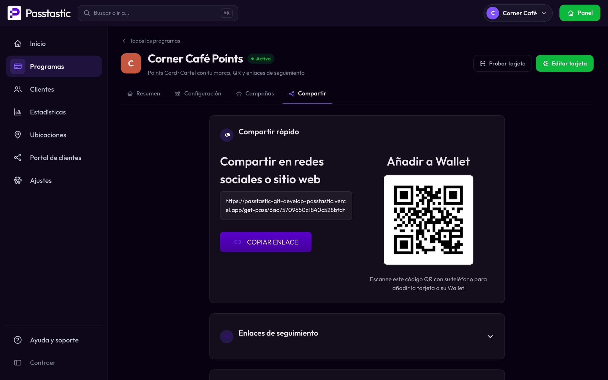 La pestaña Compartir de la tarjeta de puntos de Corner Café con su código QR