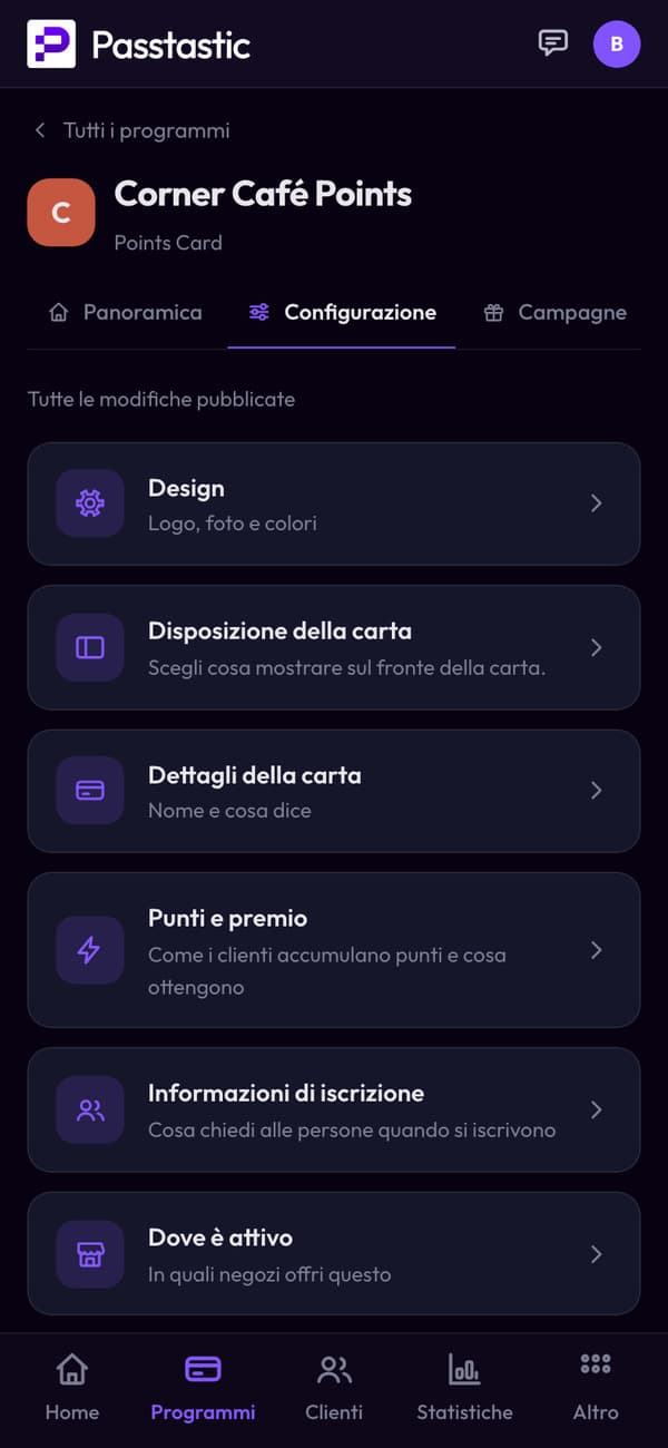 Il programma a punti di Corner Café nella dashboard, con anteprima in tempo reale della carta