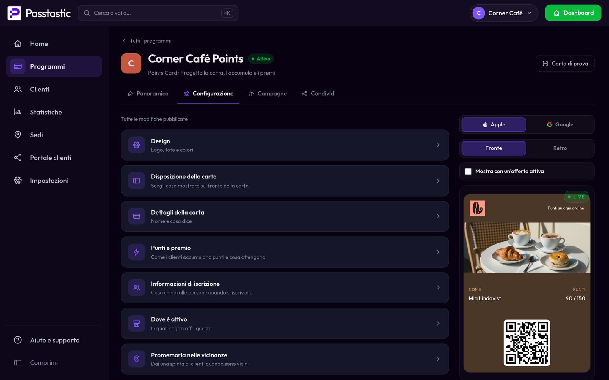 Il programma a punti di Corner Café nella dashboard, con anteprima in tempo reale della carta