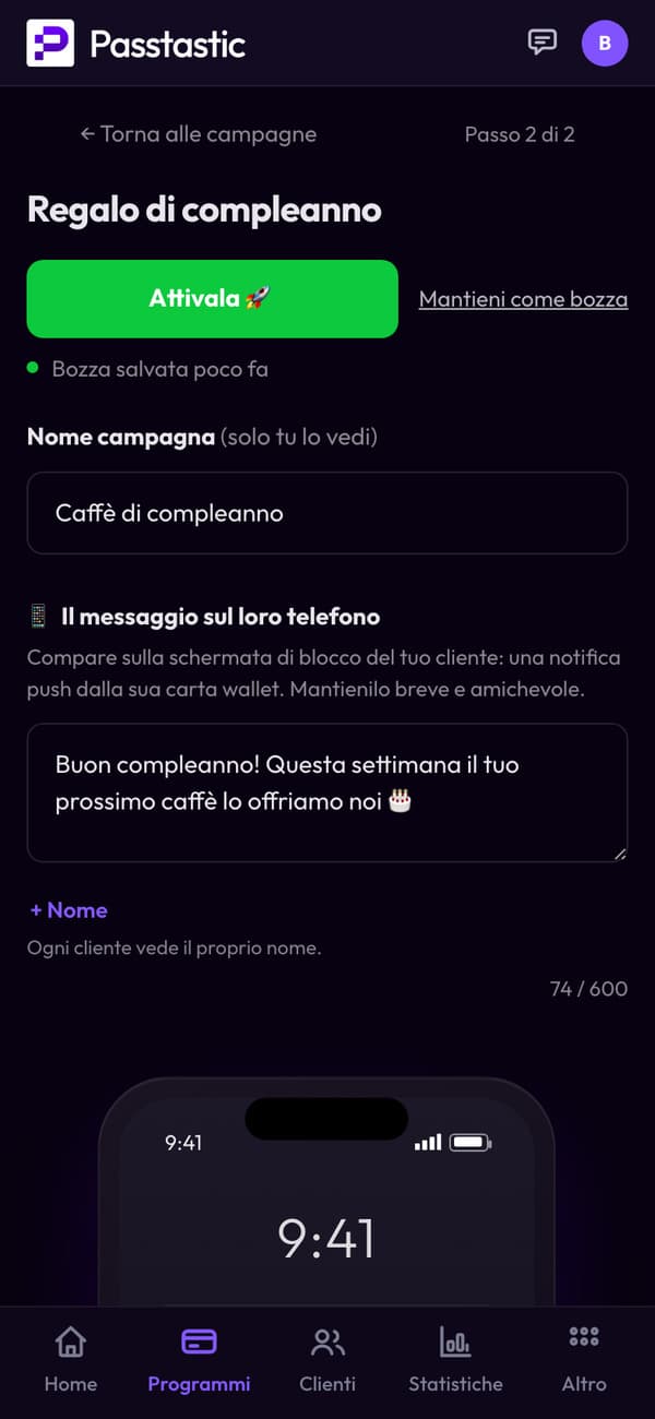 La campagna Caffè di compleanno, con anteprima della schermata di blocco