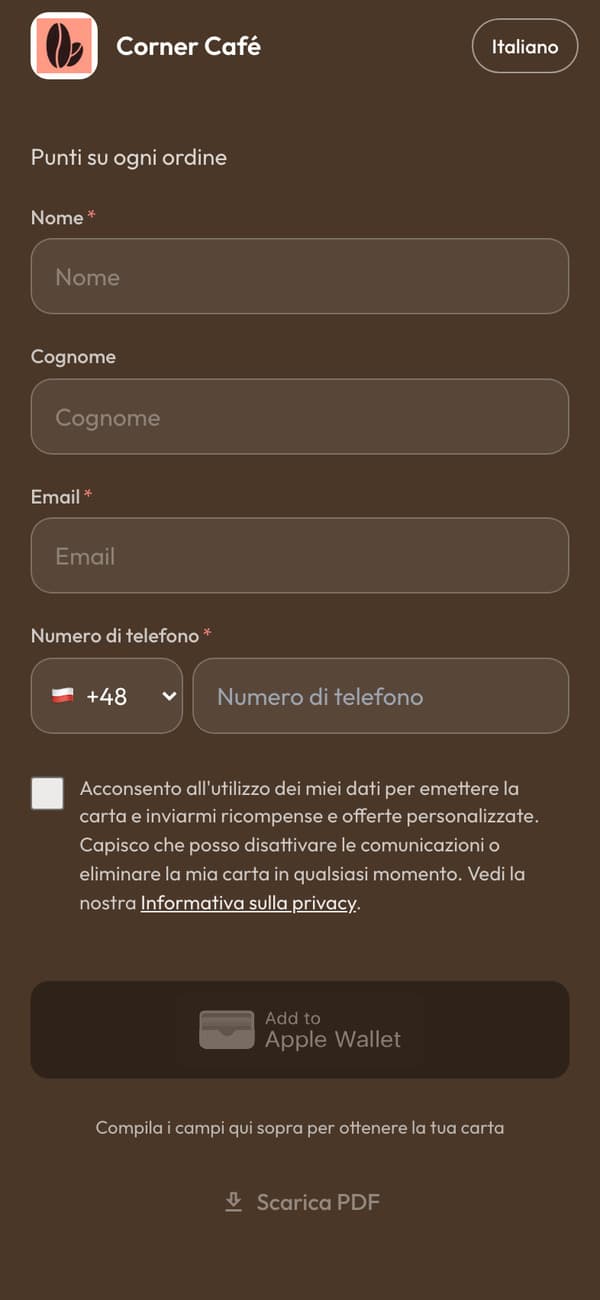 La pagina di iscrizione su un telefono: il modulo della carta a punti di Corner Café, con il pulsante Aggiungi a Apple Wallet