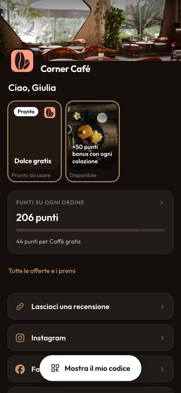 L’app di Corner Café: Ciao Giulia, 206 punti e 44 punti per un caffè gratis