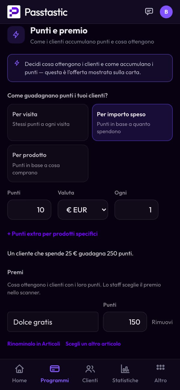 Punti e premio: per importo speso, 10 punti per euro, e i premi pasticcino, caffè e colazione gratis