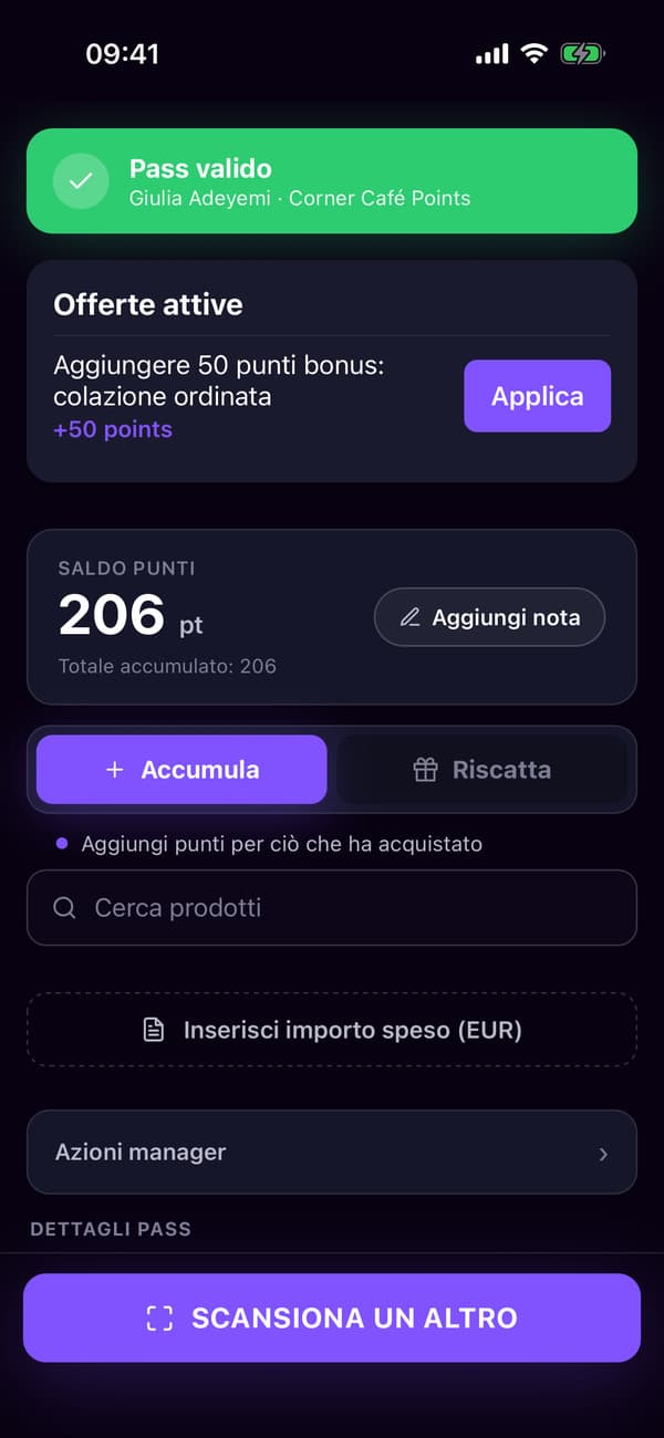L’app scanner dopo aver scansionato la carta a punti di Giulia, pronta per l’importo