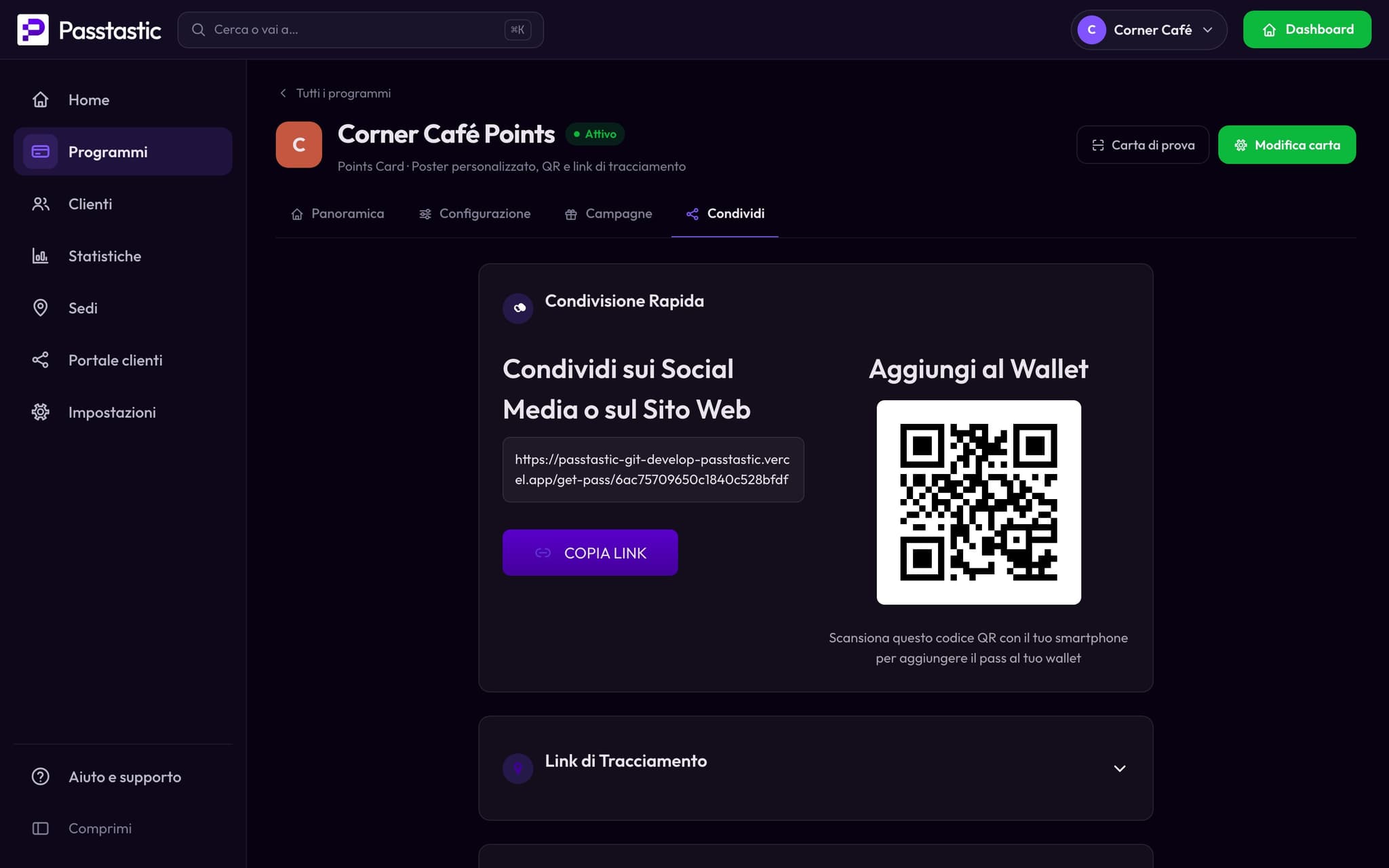 La scheda Condividi della carta a punti di Corner Café con il suo codice QR