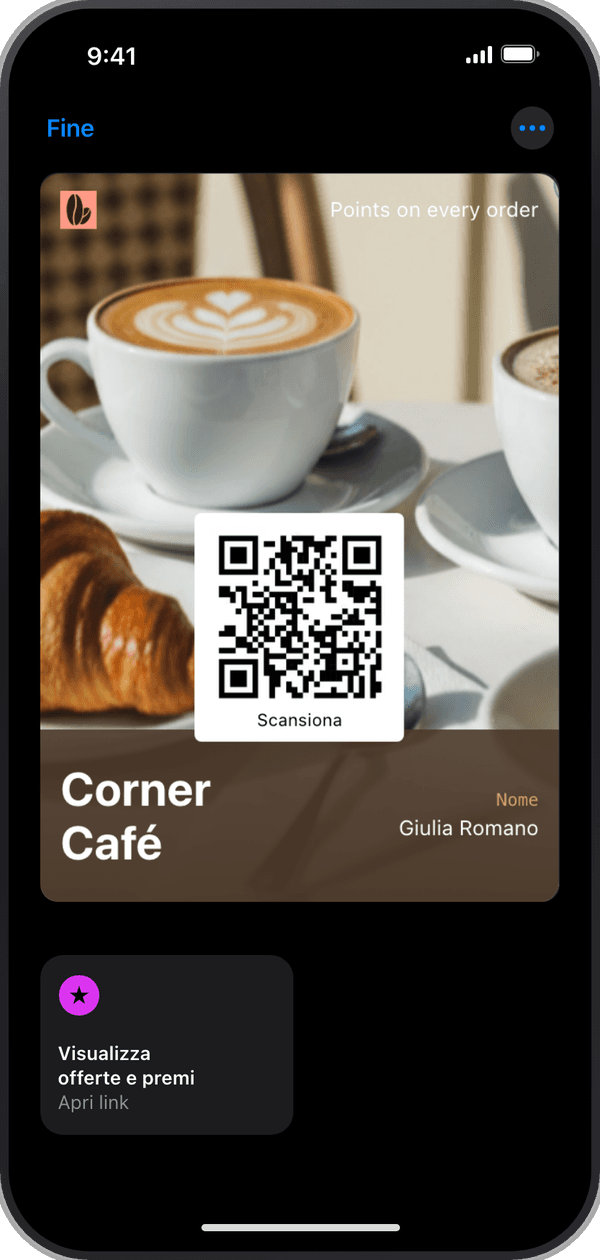 La carta a punti di Corner Café aperta in Apple Wallet