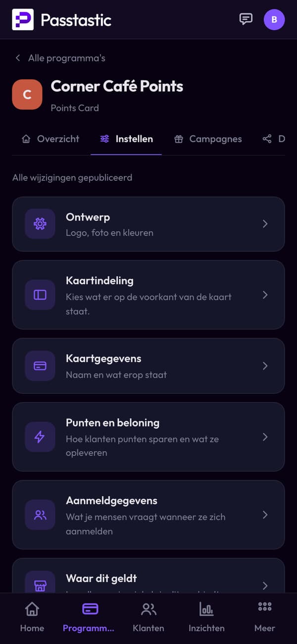 Het puntenprogramma van Corner Café in het dashboard, met live voorbeeld van de kaart