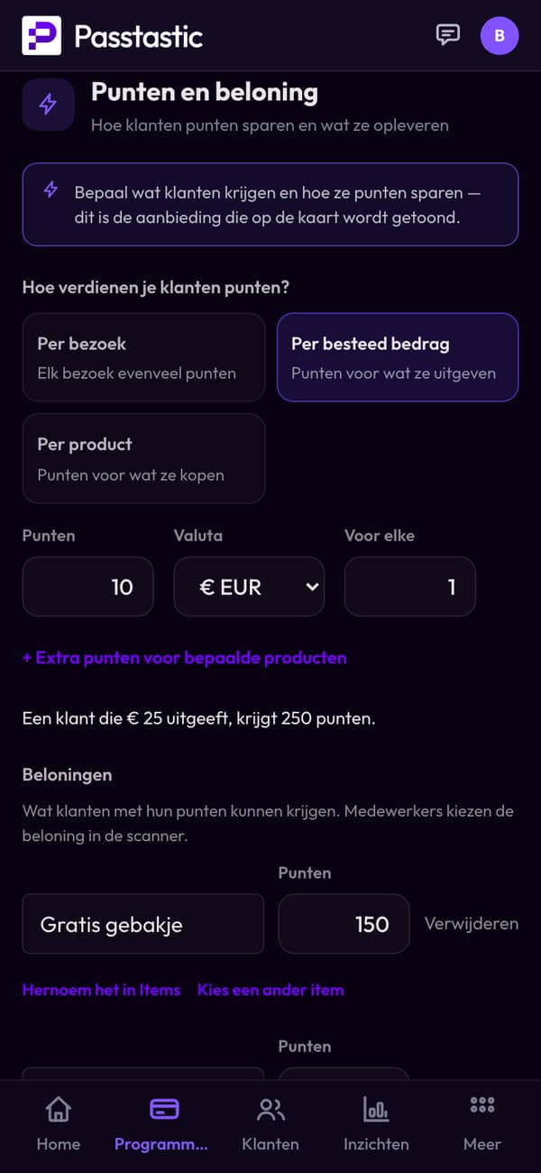 Punten en beloning: per besteed bedrag, 10 punten per euro, en de beloningen gebakje, koffie en ontbijt gratis