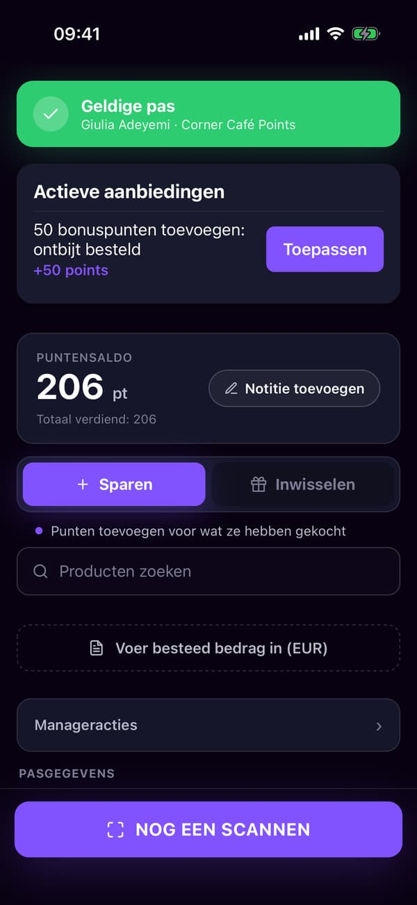 De scanner-app na het scannen van Giulia’s spaarkaart, klaar voor het bedrag