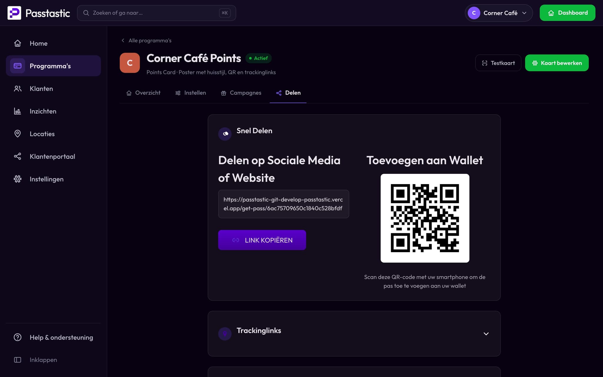 Het tabblad Delen van de spaarkaart van Corner Café met de QR-code