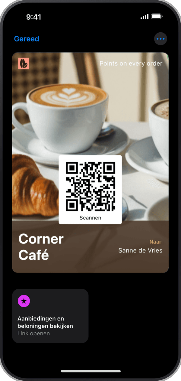 De spaarkaart van Corner Café, geopend in Apple Wallet
