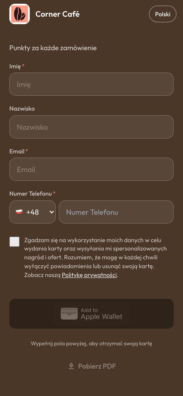 Strona zapisu na telefonie: formularz karty punktowej Corner Café, z przyciskiem Dodaj do Apple Wallet