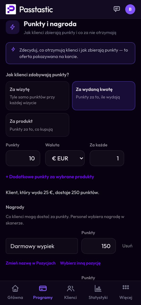 Punkty i nagroda: za wydaną kwotę, 10 punktów za euro, i nagrody darmowe ciastko, kawa i śniadanie
