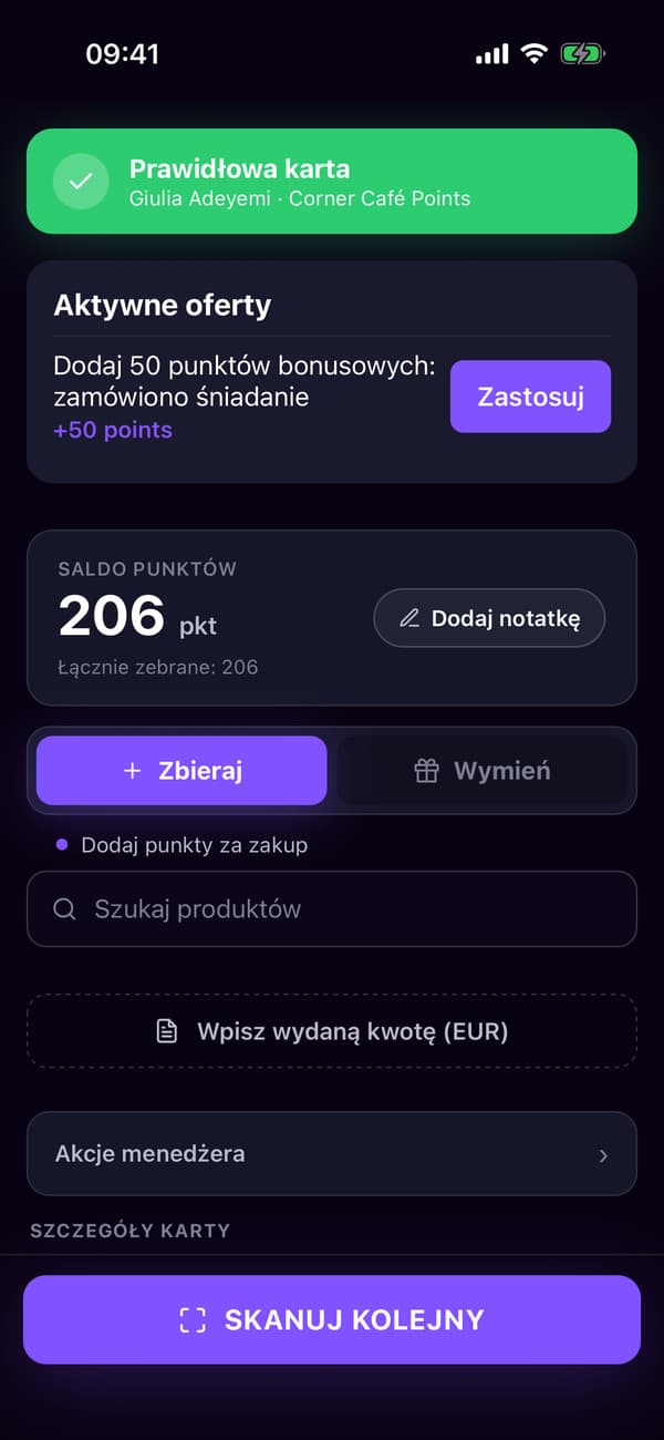 Aplikacja skanera po zeskanowaniu karty punktowej Giulii, gotowa na kwotę