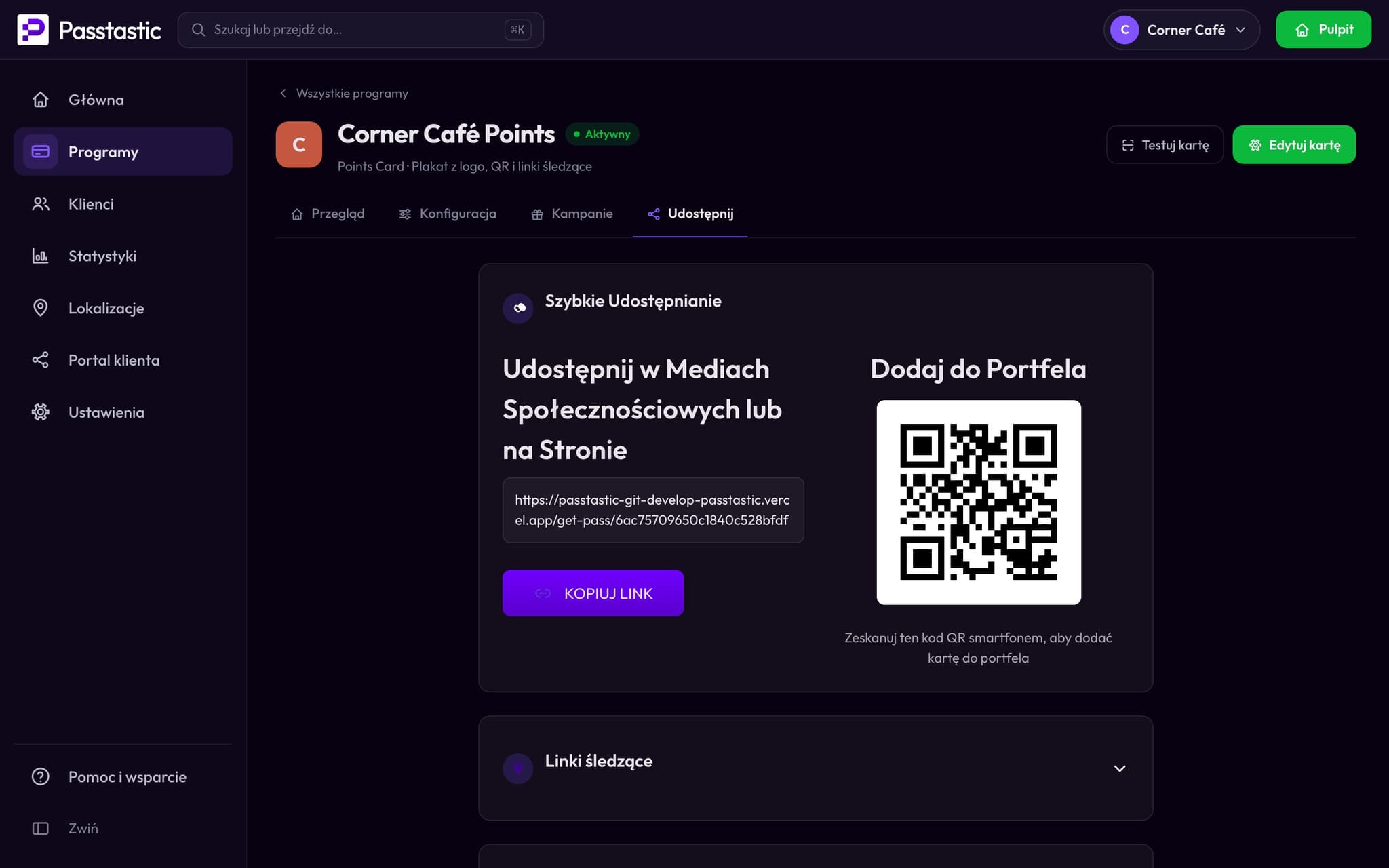 Zakładka Udostępnij karty punktowej Corner Café z kodem QR