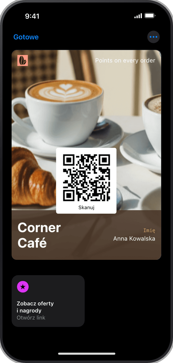 Karta punktowa Corner Café otwarta w Apple Wallet