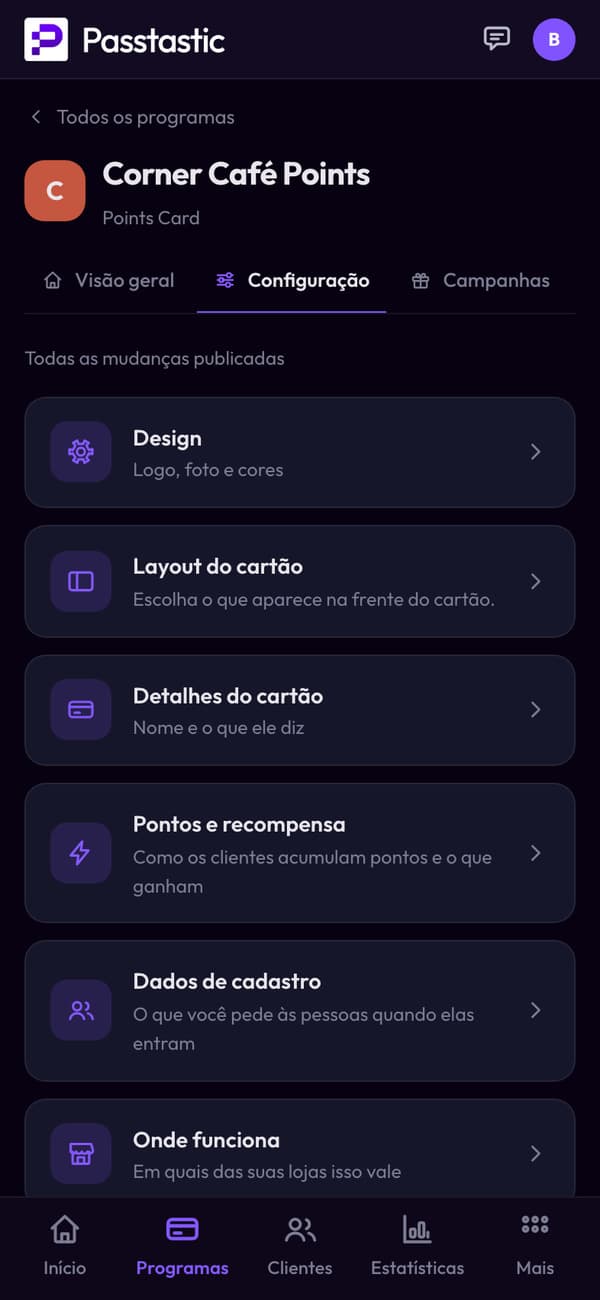 O programa de pontos do Corner Café no painel, com prévia ao vivo do cartão