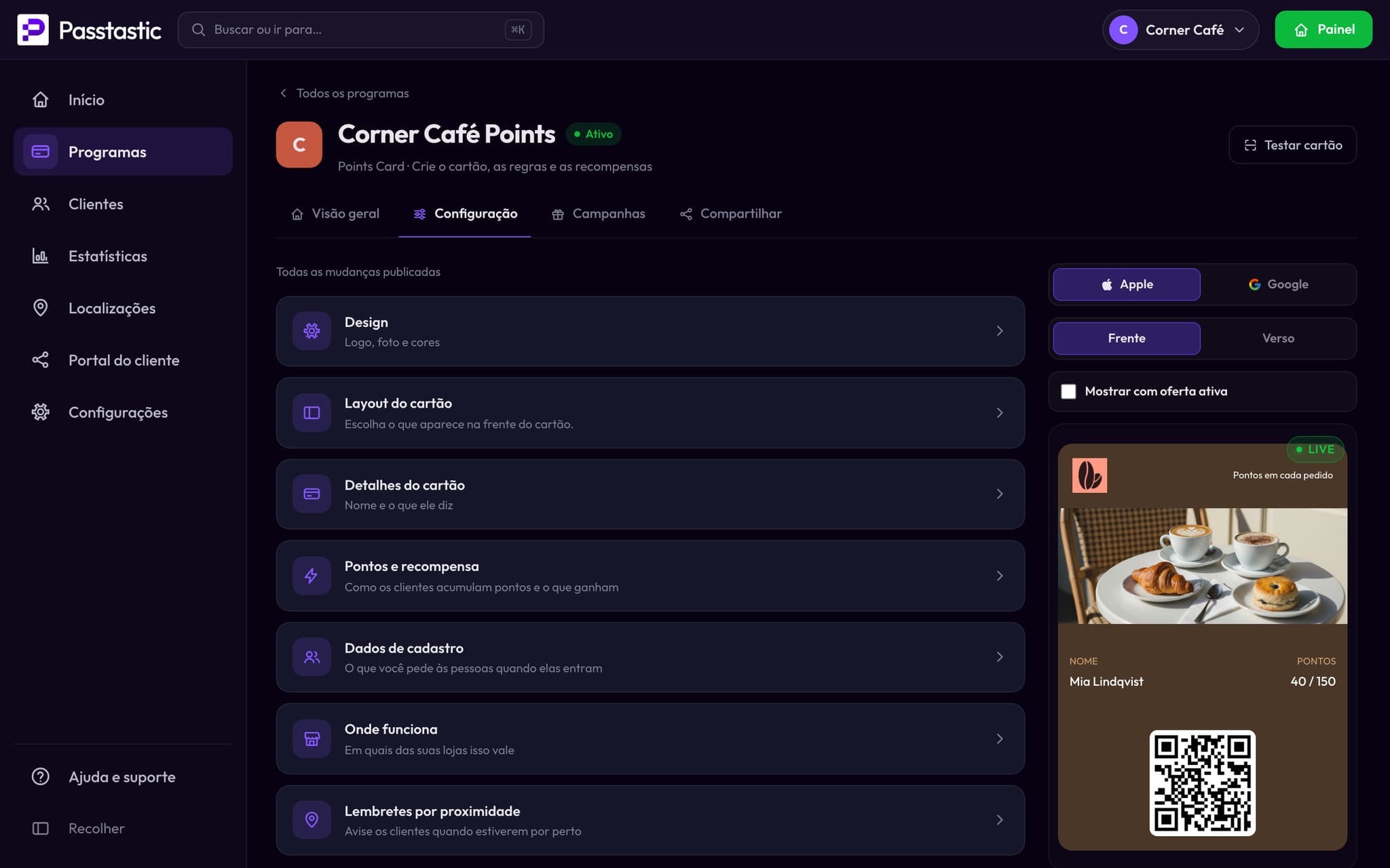 O programa de pontos do Corner Café no painel, com prévia ao vivo do cartão