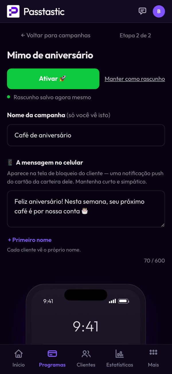 A campanha Café de aniversário, com prévia da tela bloqueada