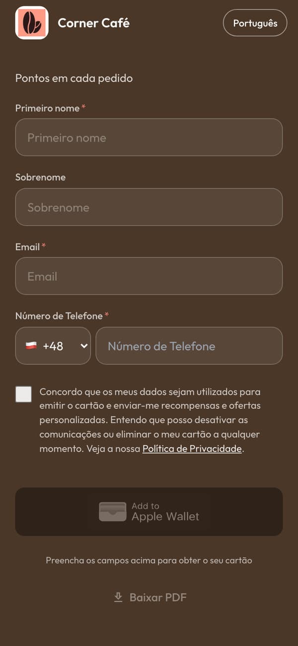 A página de cadastro em um celular: o formulário do cartão de pontos do Corner Café, com o botão Adicionar à Apple Wallet