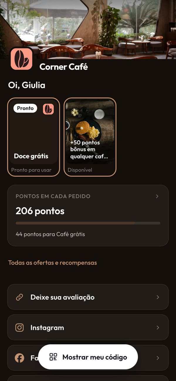 O aplicativo do Corner Café: Oi, Giulia, 206 pontos e 44 pontos para um café grátis