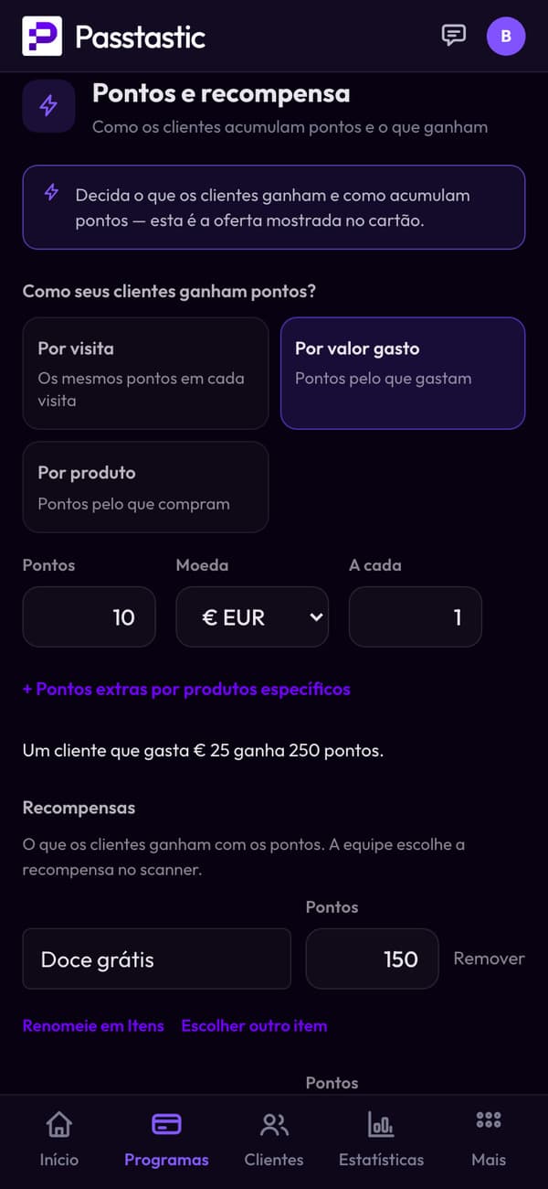 Pontos e recompensa: por valor gasto, 10 pontos por euro, e as recompensas doce, café e café da manhã grátis