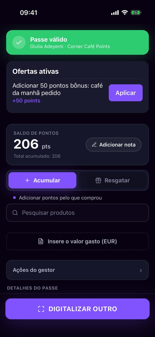 O aplicativo leitor depois de ler o cartão de pontos da Giulia, pronto para o valor