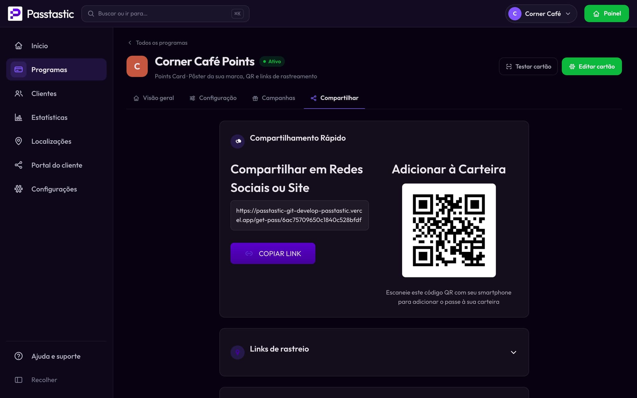 A aba Compartilhar do cartão de pontos do Corner Café com o QR code