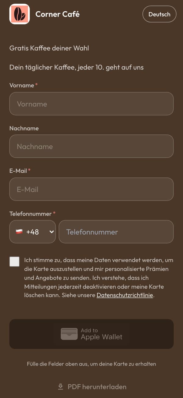 Die Anmeldeseite auf einem Handy: das Formular der Stempelkarte des Corner Café, mit dem Button „Zu Apple Wallet hinzufügen“