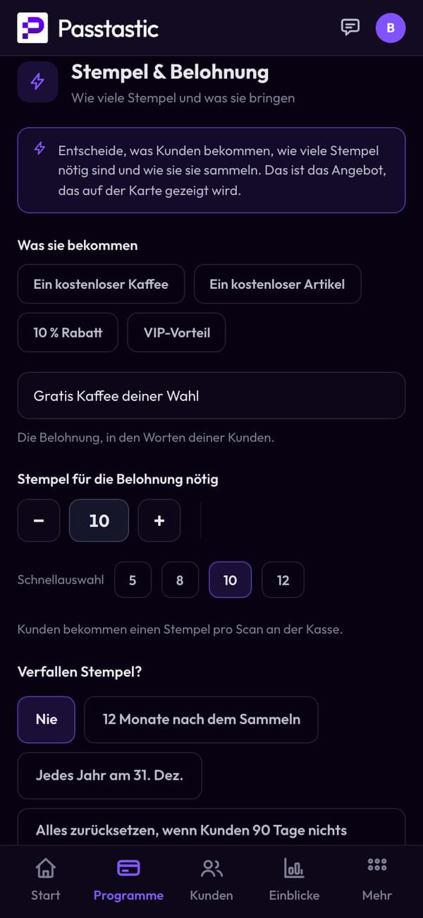 Stempel & Belohnung der Stempelkarte des Corner Café: 10 Stempel für einen Gratis-Kaffee
