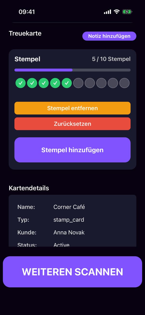 Die Scanner-App nach dem Scannen von Annas Stempelkarte, mit dem Button für einen Stempel