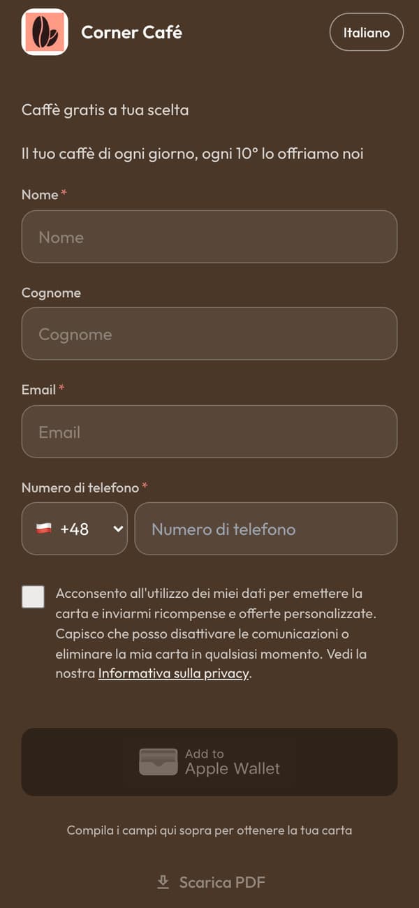 La pagina di iscrizione su un telefono: il modulo della carta a timbri di Corner Café, con il pulsante Aggiungi a Apple Wallet