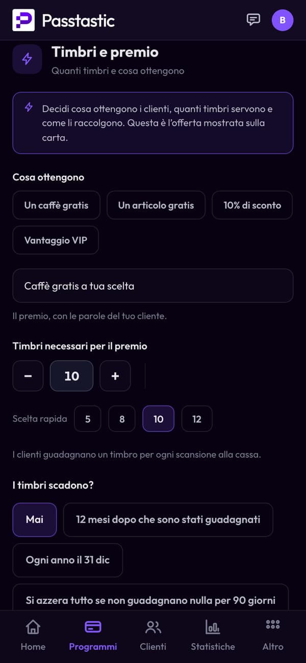 Timbri e premio della carta a timbri del Corner Café: 10 timbri per un caffè gratis