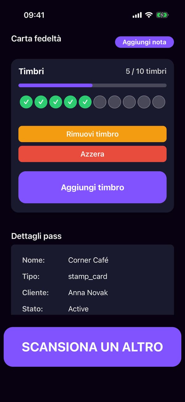 L’app scanner dopo aver scansionato la carta a timbri di Anna, con il pulsante per aggiungere un timbro