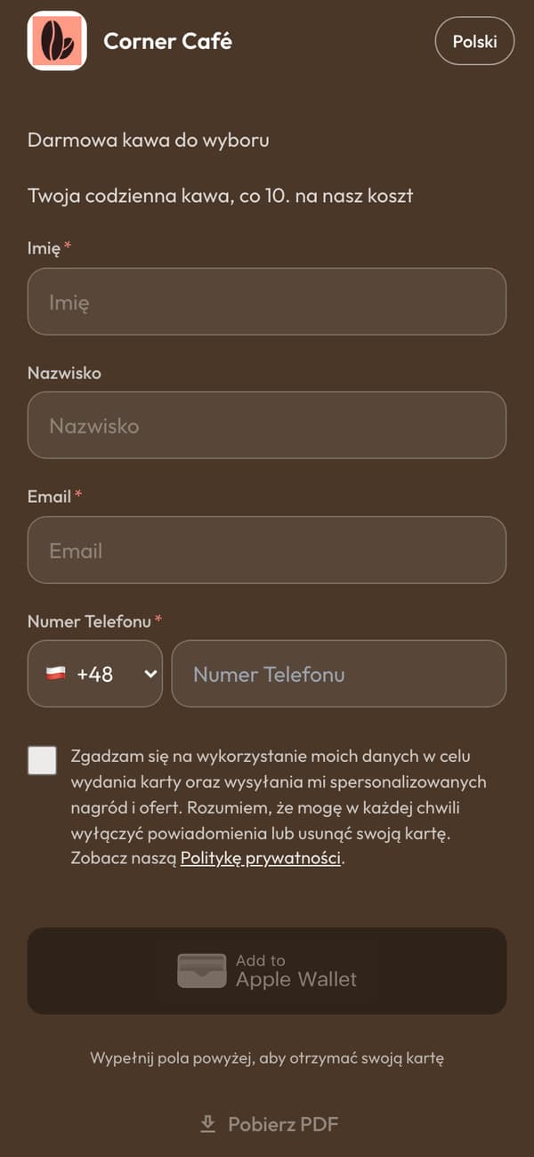 Strona zapisu na telefonie: formularz karty na pieczątki Corner Café, z przyciskiem Dodaj do Apple Wallet