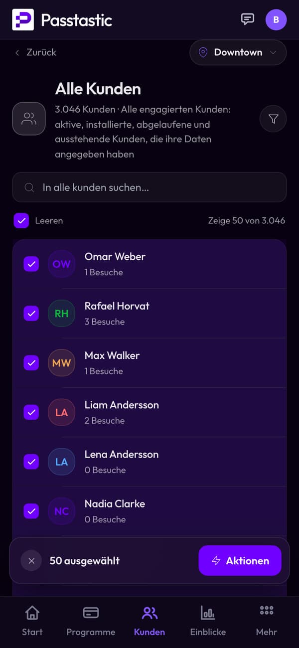 Fünf angehakte Kunden in der Liste, mit einem Button „Aktionen“
