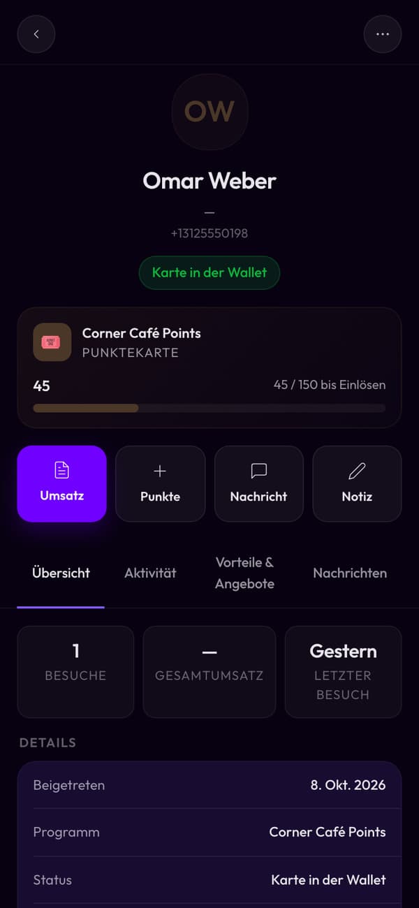 Ein Kunde in Passtastic: Name, Telefon, die Karte in seinem Wallet und sein Stempelstand