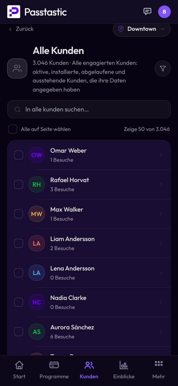 Die Kundenliste mit Namen, Programm, Status, Besuchen, Fortschritt und letzter Aktivität
