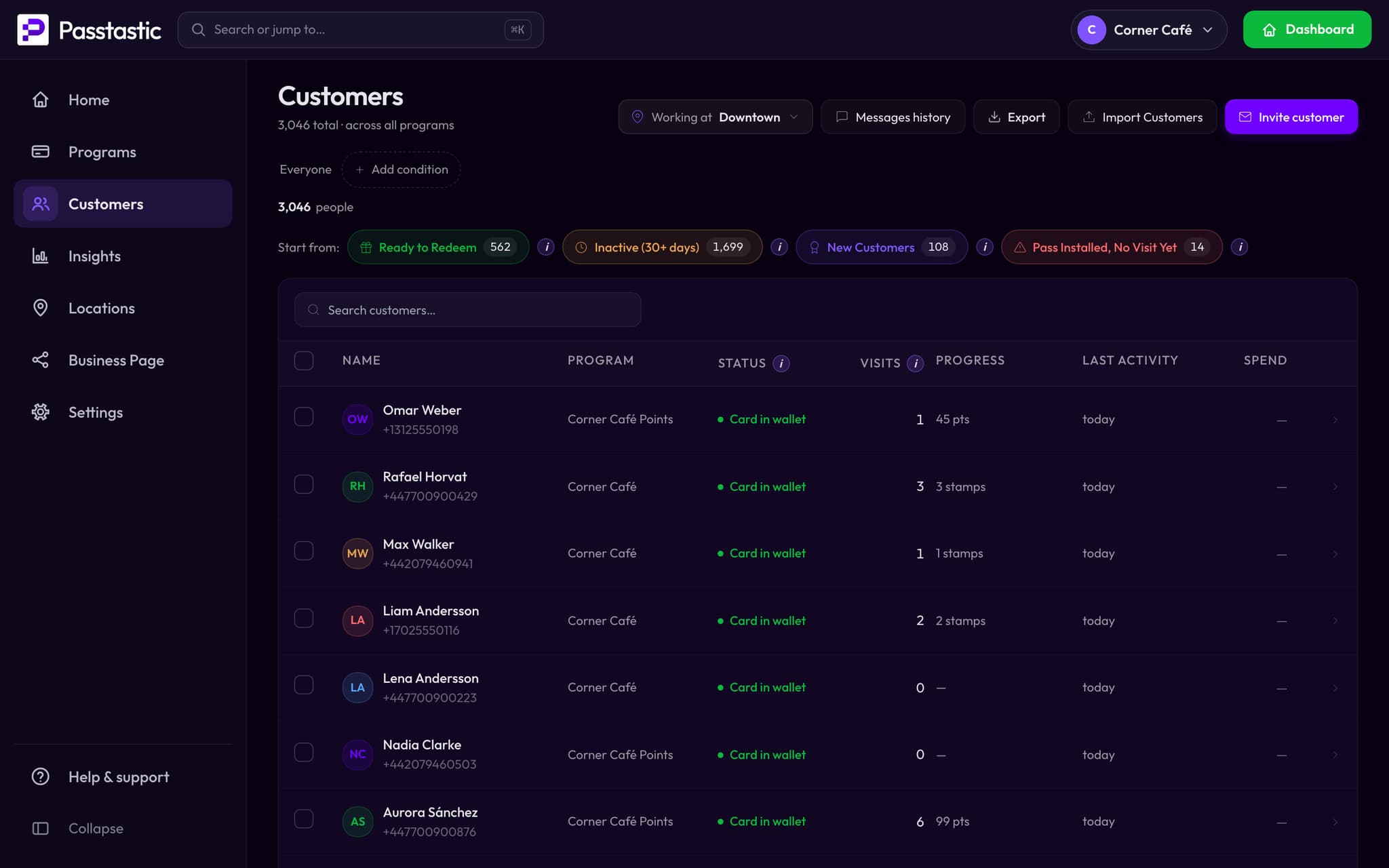 The Customers screen: groups for ready to redeem, inactive and new customers, and the customer list